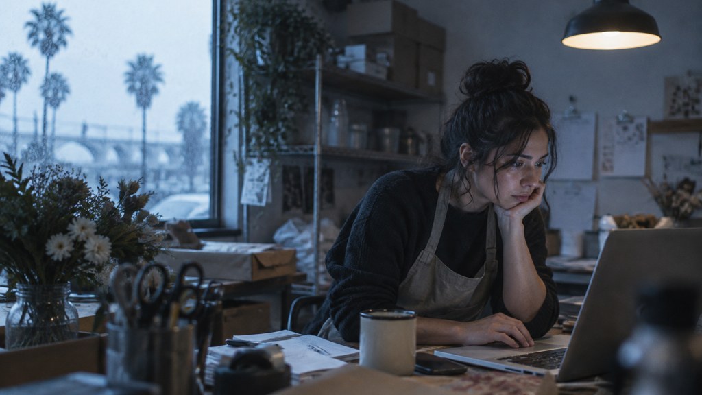 A small-business owner in an apron leaning over a laptop on a cluttered back-office desk late in the day, photographed in Riverside