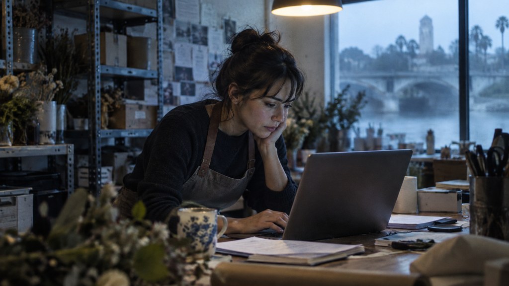 A small-business owner in an apron leaning over a laptop on a cluttered back-office desk late in the day, photographed in Riverside