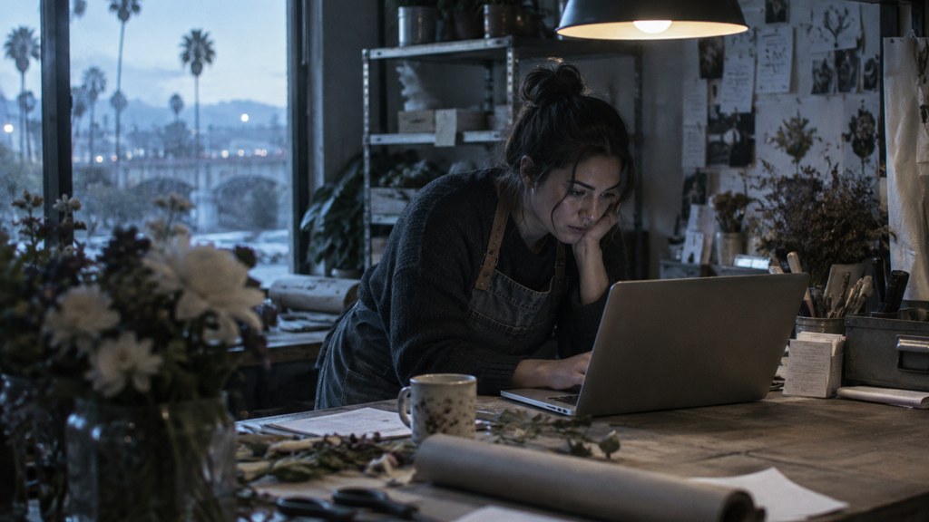 A small-business owner in an apron leaning over a laptop on a cluttered back-office desk late in the day, photographed in Riverside