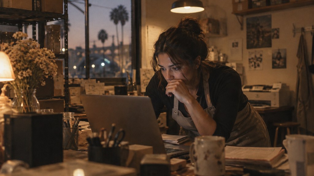 A small-business owner in an apron leaning over a laptop on a cluttered back-office desk late in the day, photographed in Riverside