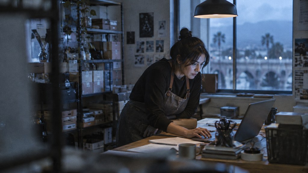 A small-business owner in an apron leaning over a laptop on a cluttered back-office desk late in the day, photographed in Riverside