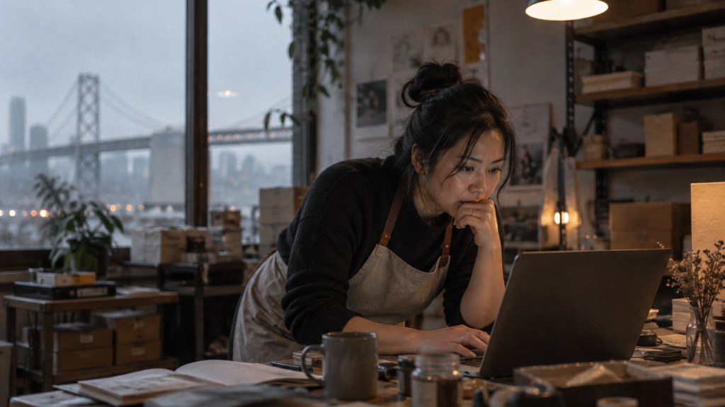 A small-business owner in an apron leaning over a laptop on a cluttered back-office desk late in the day, photographed in San Francisco