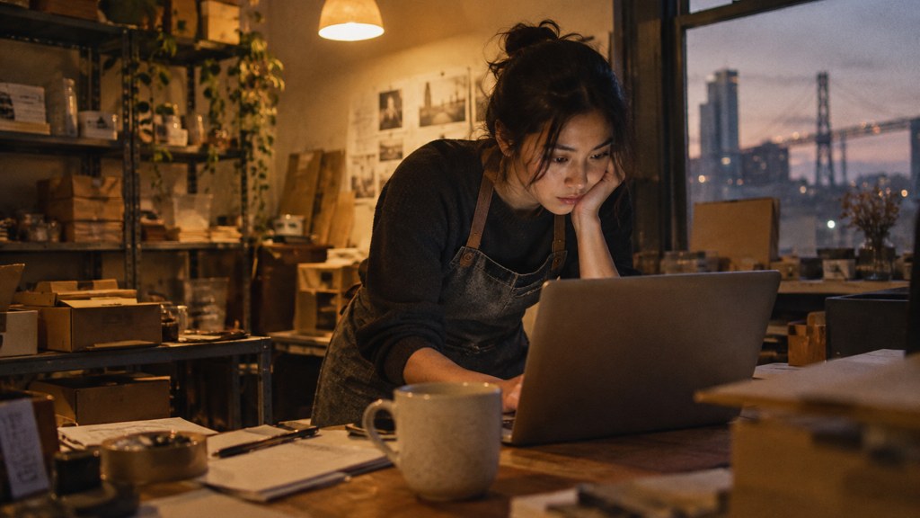 A small-business owner in an apron leaning over a laptop on a cluttered back-office desk late in the day, photographed in San Francisco