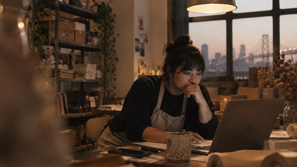 A small-business owner in an apron leaning over a laptop on a cluttered back-office desk late in the day, photographed in San Francisco