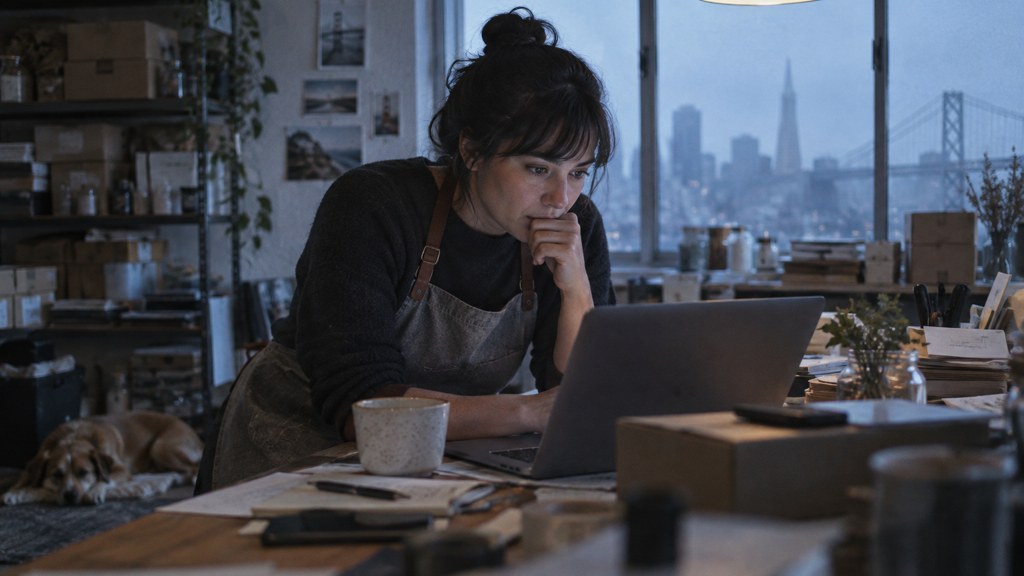 A small-business owner in an apron leaning over a laptop on a cluttered back-office desk late in the day, photographed in San Francisco