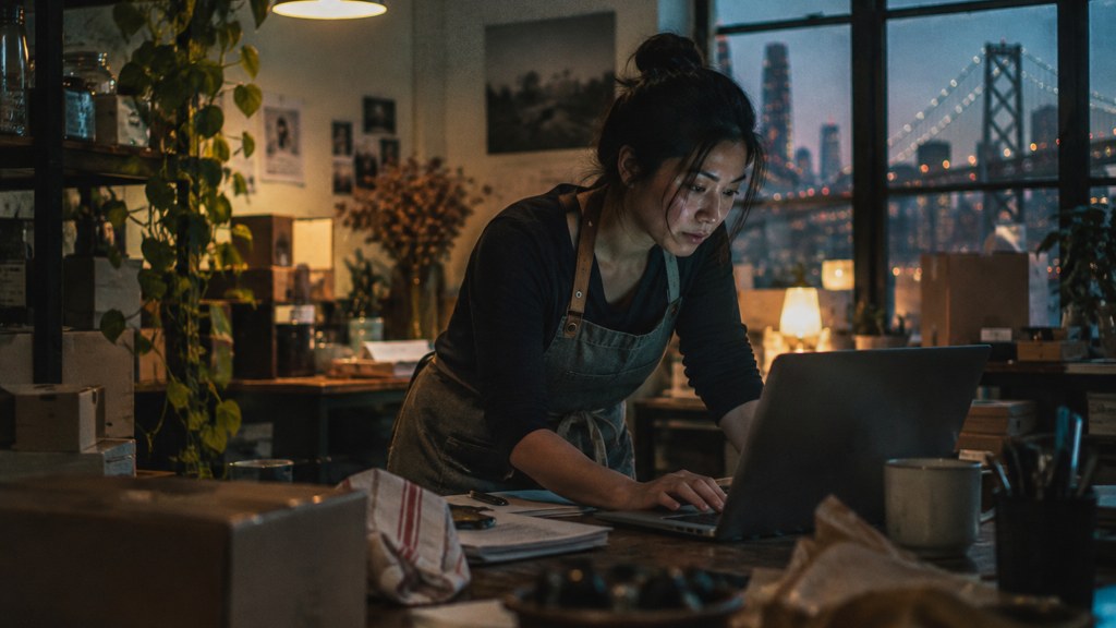 A small-business owner in an apron leaning over a laptop on a cluttered back-office desk late in the day, photographed in San Francisco