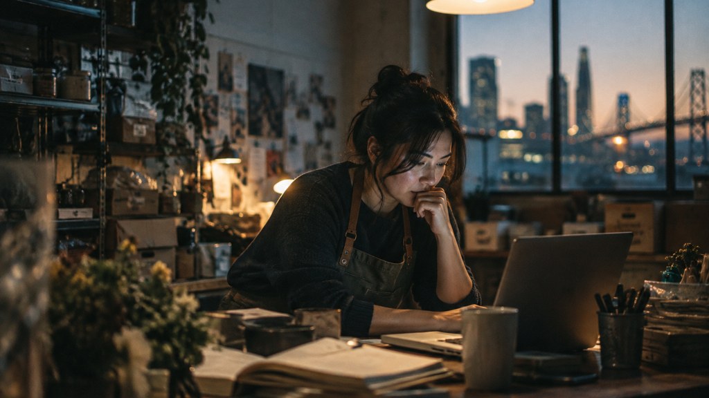 A small-business owner in an apron leaning over a laptop on a cluttered back-office desk late in the day, photographed in San Francisco
