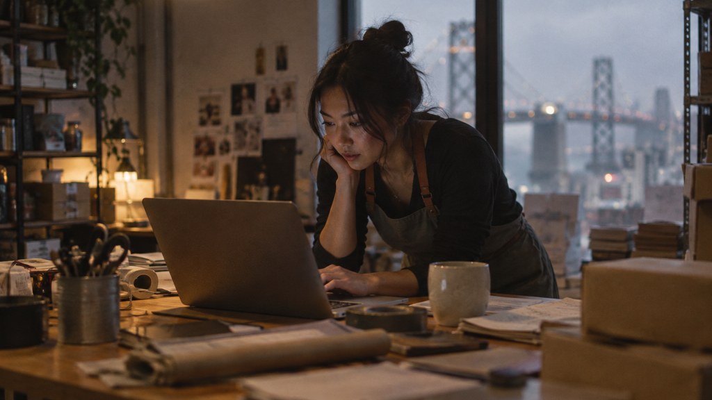 A small-business owner in an apron leaning over a laptop on a cluttered back-office desk late in the day, photographed in San Francisco