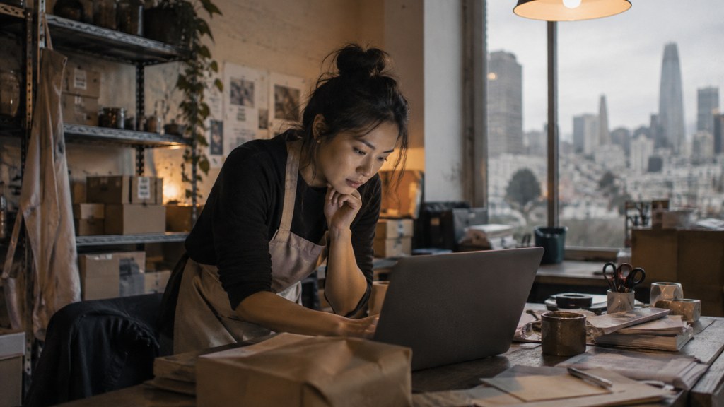 A small-business owner in an apron leaning over a laptop on a cluttered back-office desk late in the day, photographed in San Francisco