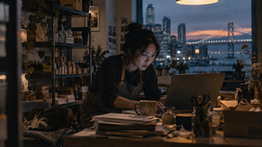 A small-business owner in an apron leaning over a laptop on a cluttered back-office desk late in the day, photographed in San Francisco