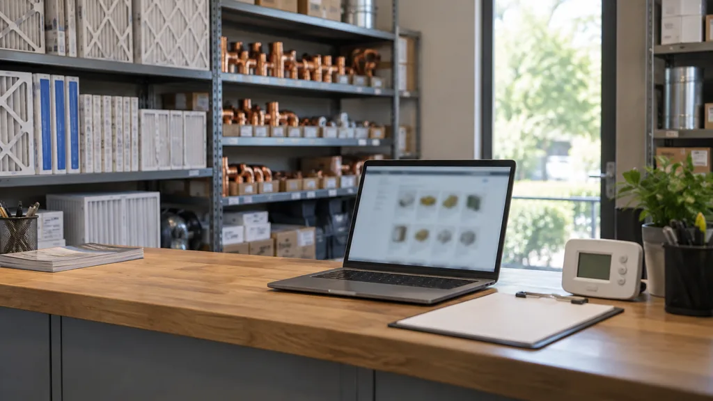 An empty HVAC parts counter in a tidy HVAC parts counter in a small supply showroom, boxed air filters and copper fittings on steel shelving, a laptop on the counter showing a blurred online store grid, a clipboard and a thermostat on the side, soft daylight