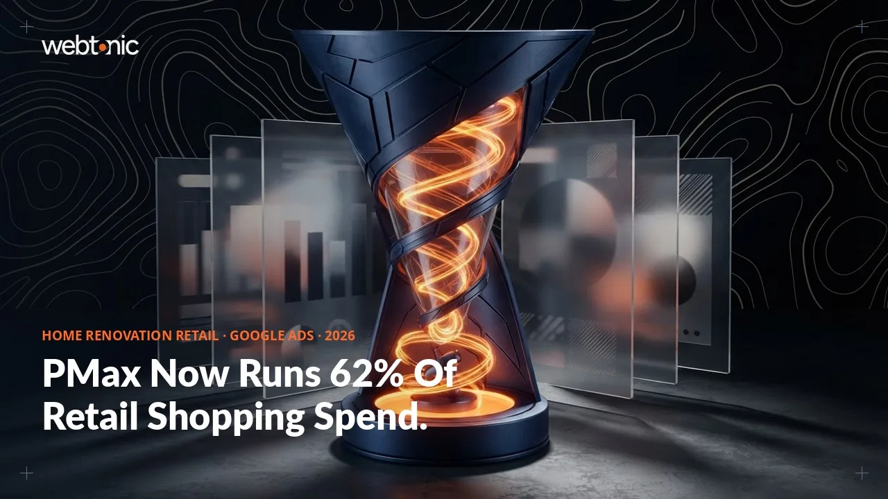 Home renovation retail Google Ads statistics 2026 thumbnail showing Performance Max carrying 62 percent of retail Google Shopping spend in Q4 2025