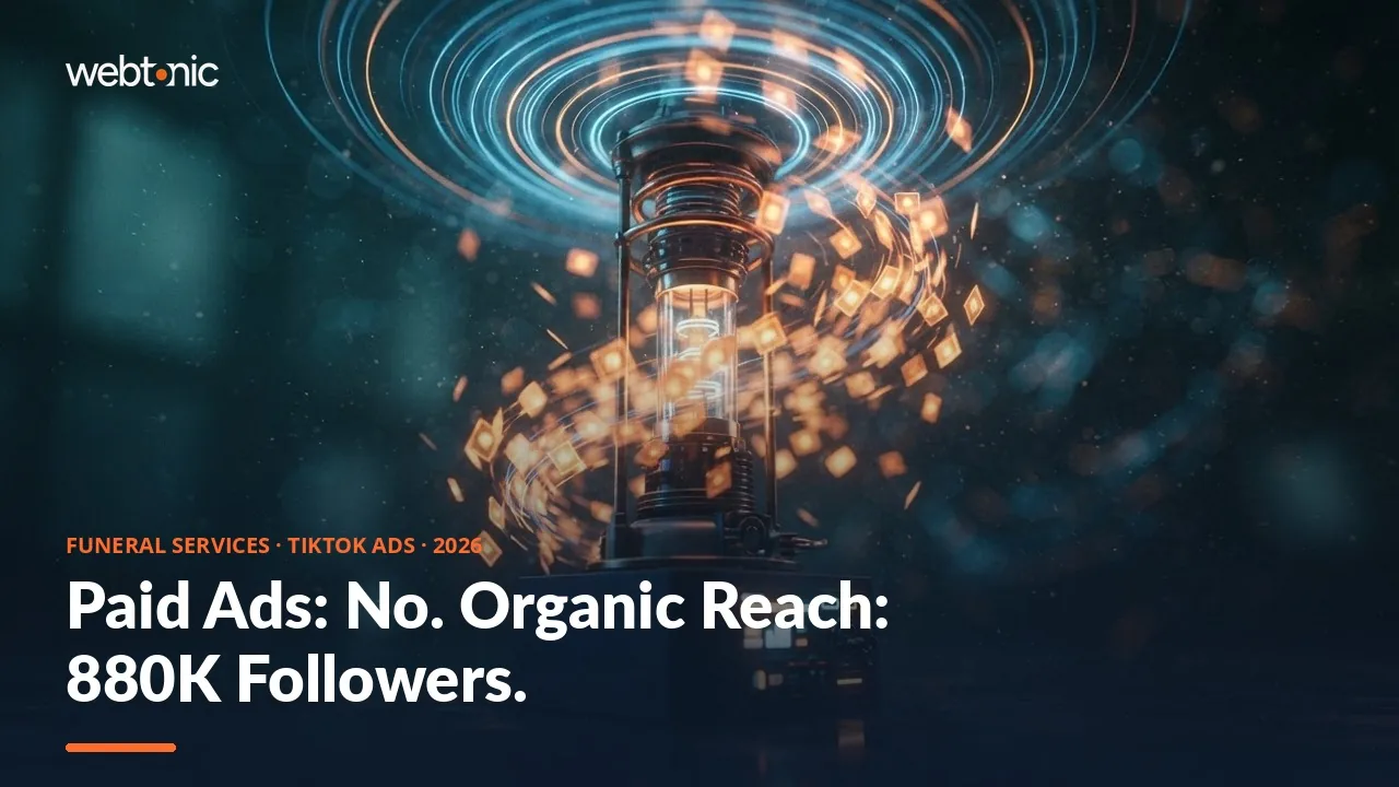 Funeral services TikTok ads statistics 2026 thumbnail showing a restricted paid ad policy against 880,000-plus organic followers built by one mortician creator with zero ad spend