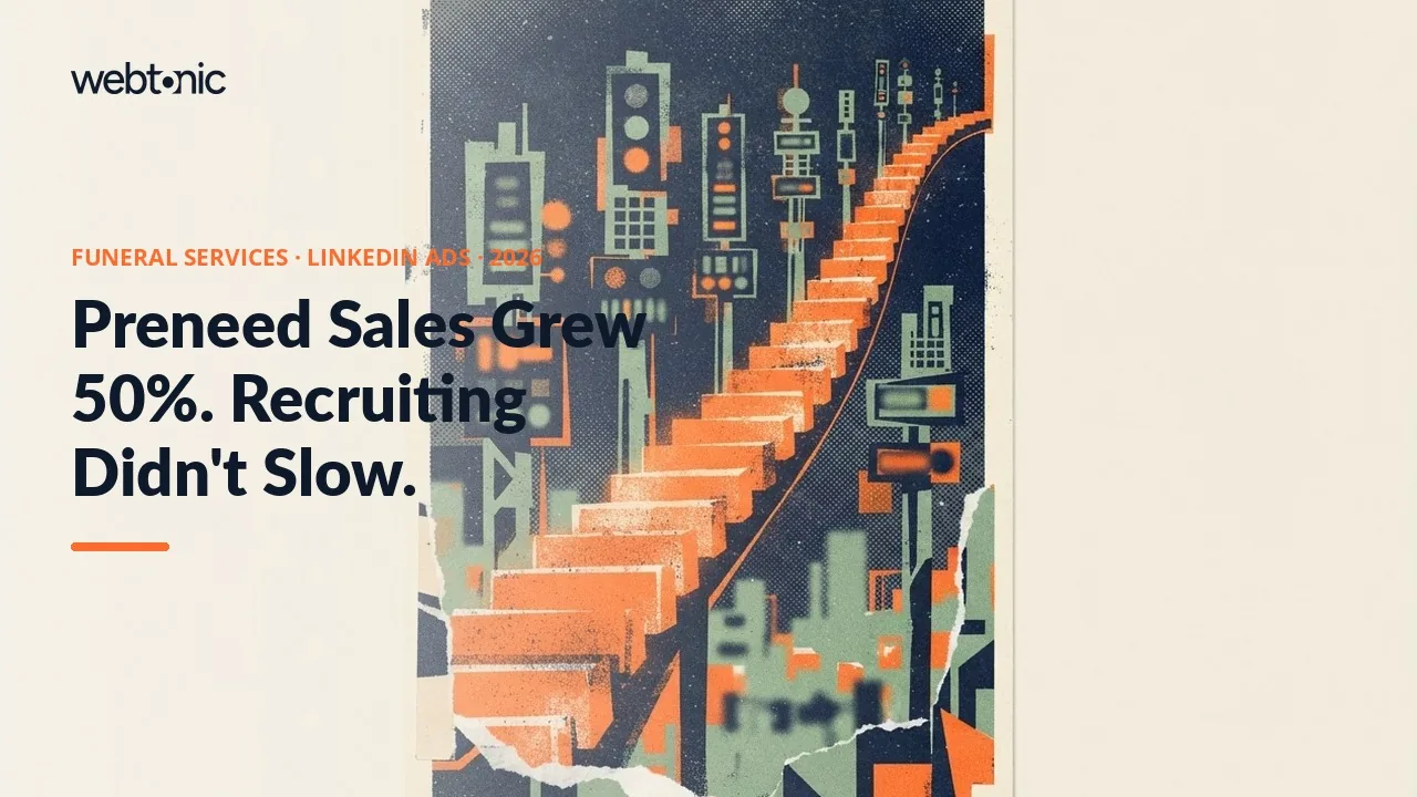 Funeral services LinkedIn ads statistics 2026 thumbnail showing 50 percent year over year growth in preneed funeral sales production at a public operator in Q2 2025