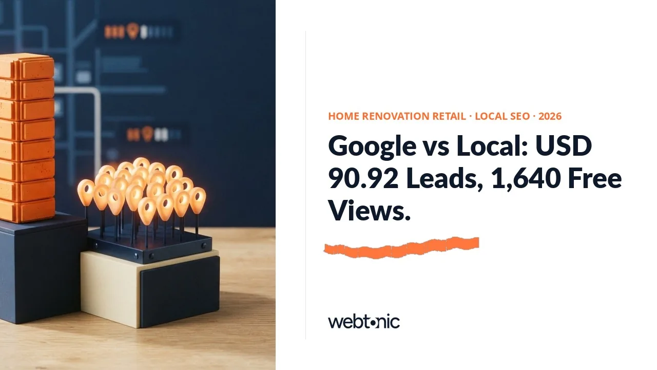 Google versus local home renovation retail SEO statistics 2026 thumbnail comparing a USD 90.92 paid search cost per lead against 1,640 free Google Business Profile views