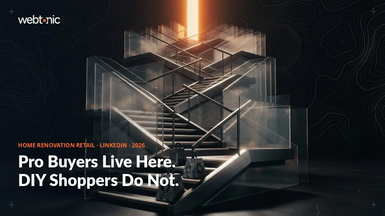 Home renovation retail LinkedIn ads statistics 2026 thumbnail showing the professional segment of the home improvement market growing 4.6 percent in 2025 against 1.3 percent for the consumer DIY segment