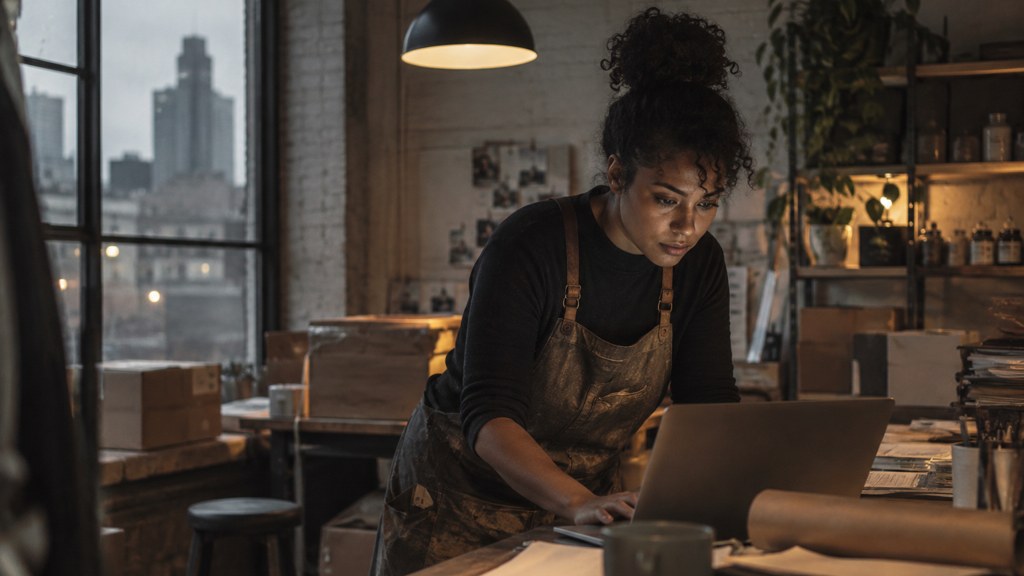 A small-business owner in an apron leaning over a laptop on a cluttered back-office desk late in the day, photographed in Detroit