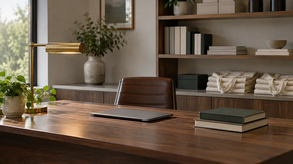 An empty law office reception in a quiet law office reception with a walnut desk, a closed laptop, a small stack of hardcover books and a brass desk lamp, a shelf with boxed branded merchandise and printed guides beside neatly folded tote bags, soft daylight