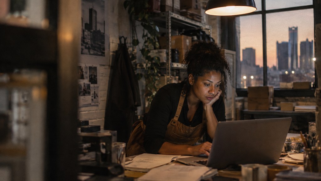 A small-business owner in an apron leaning over a laptop on a cluttered back-office desk late in the day, photographed in Detroit