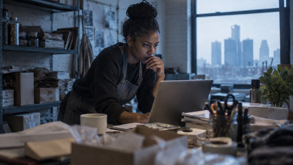 A small-business owner in an apron leaning over a laptop on a cluttered back-office desk late in the day, photographed in Detroit
