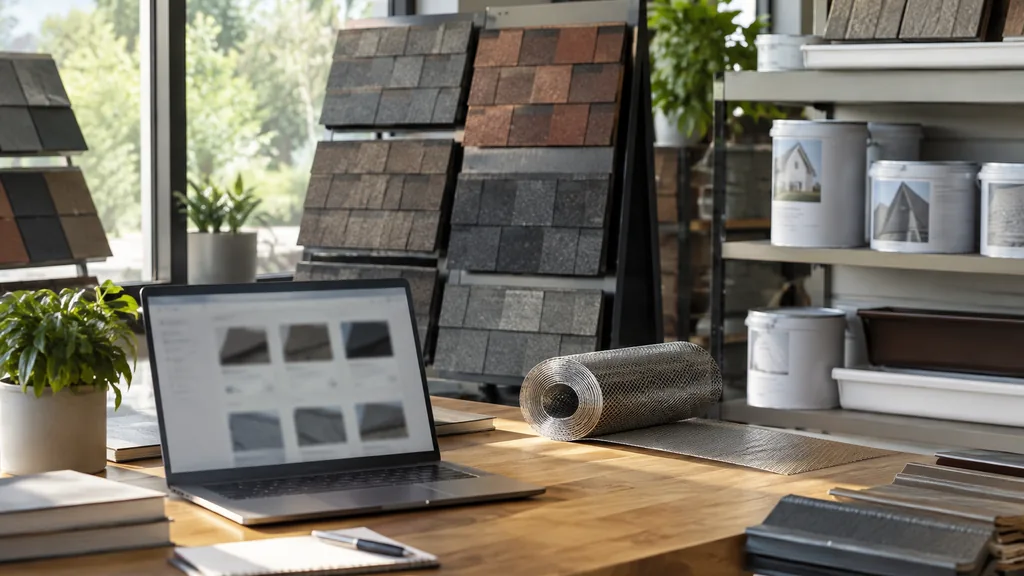 An empty roofing supply showroom in a tidy roofing supply showroom corner with stacked shingle sample boards, coiled gutter guard, boxed roof coating tins and a laptop on a wooden counter showing a blurred online store grid, soft daylight