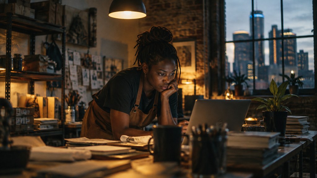 A small-business owner in an apron leaning over a laptop on a cluttered back-office desk late in the day, photographed in Detroit