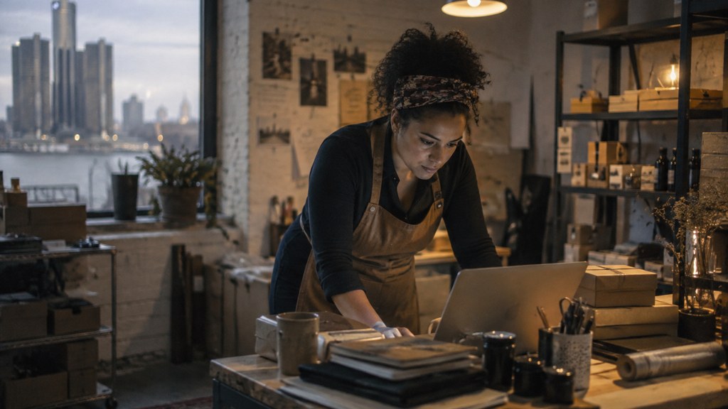 A small-business owner in an apron leaning over a laptop on a cluttered back-office desk late in the day, photographed in Detroit