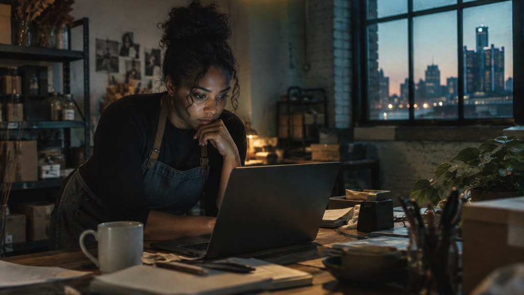 A small-business owner in an apron leaning over a laptop on a cluttered back-office desk late in the day, photographed in Detroit