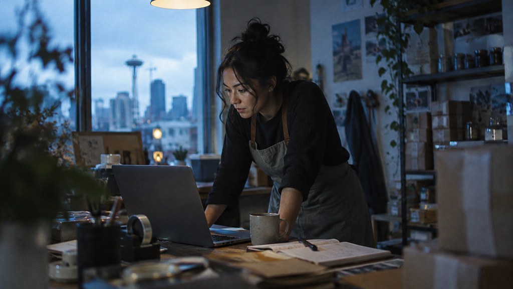 A small-business owner in an apron leaning over a laptop on a cluttered back-office desk late in the day, photographed in Seattle