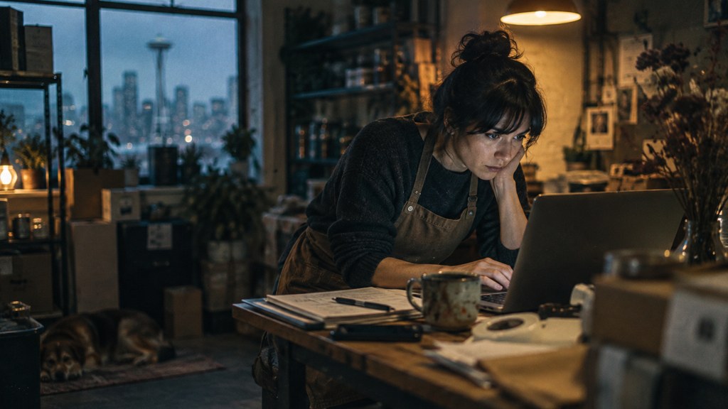 A small-business owner in an apron leaning over a laptop on a cluttered back-office desk late in the day, photographed in Seattle