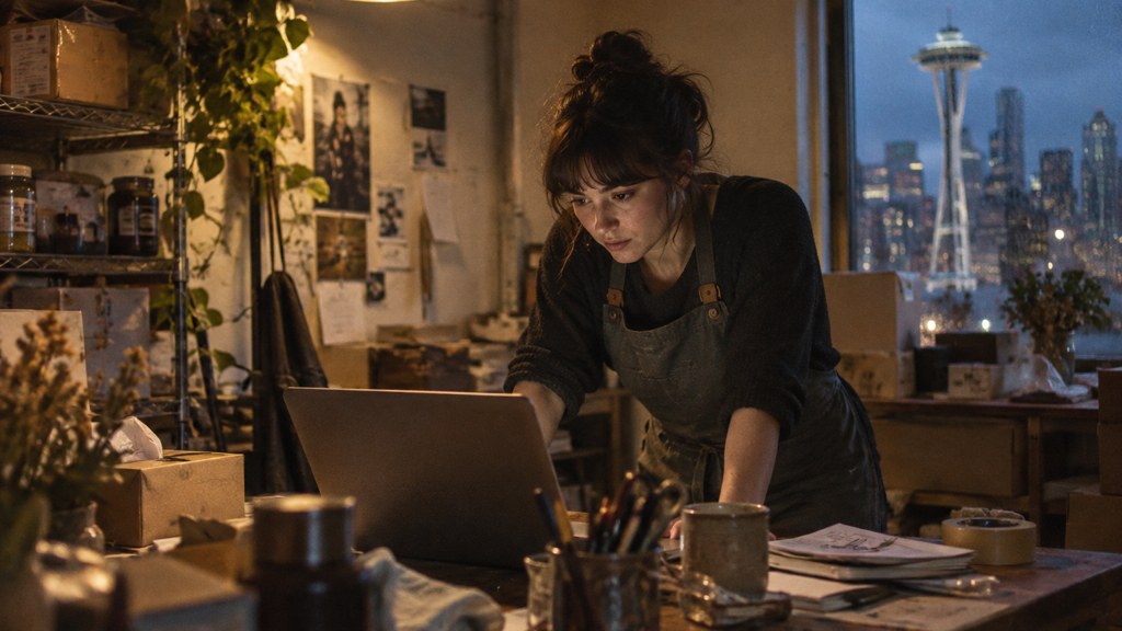 A small-business owner in an apron leaning over a laptop on a cluttered back-office desk late in the day, photographed in Seattle