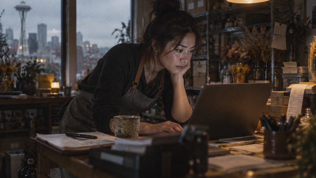 A small-business owner in an apron leaning over a laptop on a cluttered back-office desk late in the day, photographed in Seattle