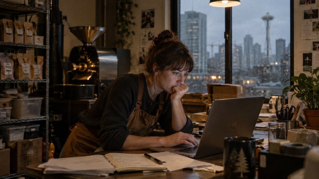 A small-business owner in an apron leaning over a laptop on a cluttered back-office desk late in the day, photographed in Seattle