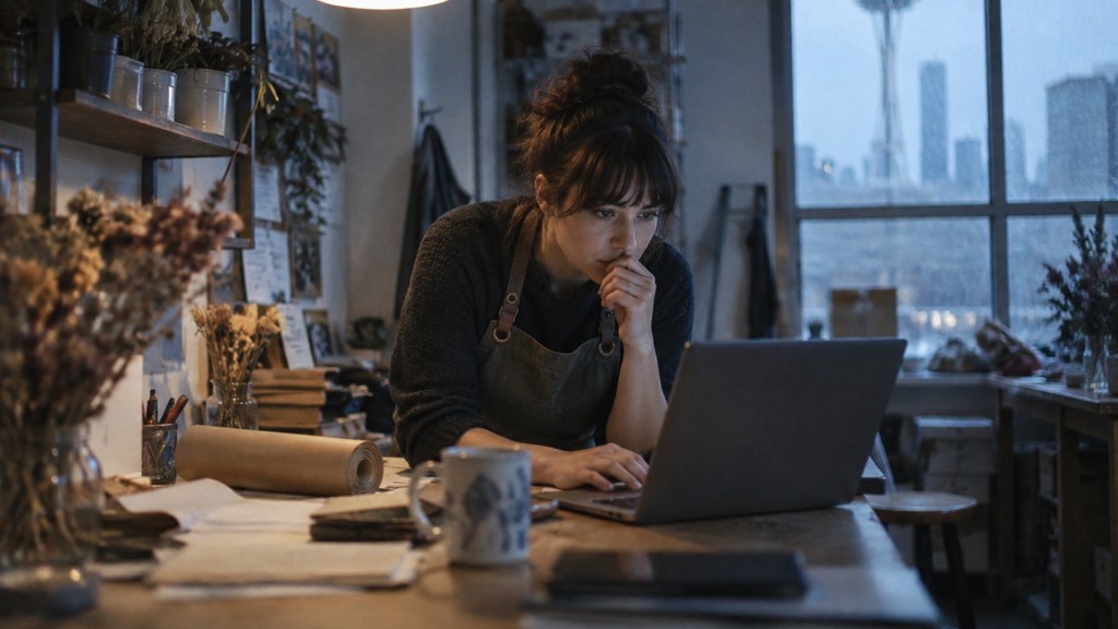 A small-business owner in an apron leaning over a laptop on a cluttered back-office desk late in the day, photographed in Seattle
