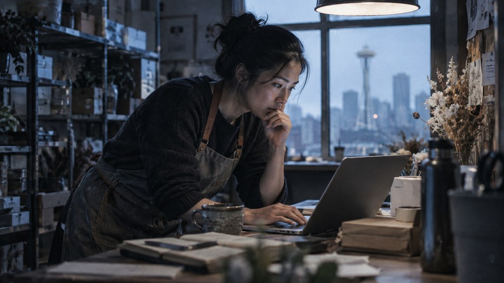 A small-business owner in an apron leaning over a laptop on a cluttered back-office desk late in the day, photographed in Seattle