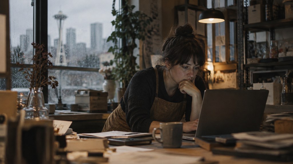 A small-business owner in an apron leaning over a laptop on a cluttered back-office desk late in the day, photographed in Seattle
