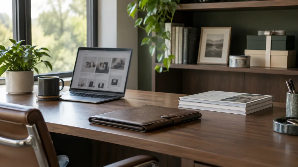 An empty advisory office corner in a calm financial advisory office corner with a walnut desk, a closed leather portfolio, a small stack of printed planning workbooks and boxed branded client gifts on a shelf, a laptop showing a blurred online store grid, soft daylight