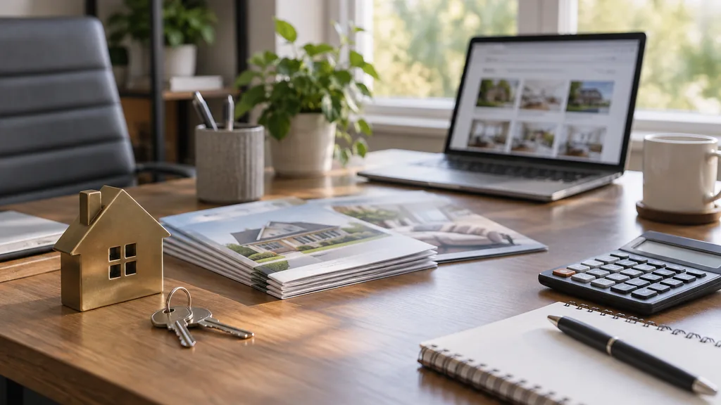 An empty mortgage broker office desk in a tidy mortgage broker office desk with a brass house-shaped paperweight, a set of keys on a ring, printed first-time buyer guides, a calculator and a laptop showing a blurred online store grid, soft daylight