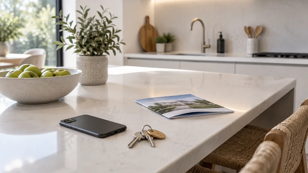 An empty show-home kitchen island in a bright show-home kitchen island with a smartphone lying face down, a ring of house keys, a folded property brochure without text, a bowl of green apples and a small plant, soft daylight