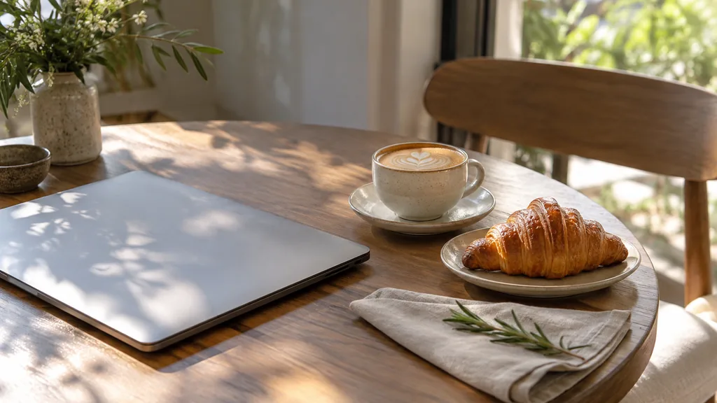 An empty cafe table in a sunlit cafe table with a closed laptop, a flat white in a ceramic cup, a small plate with a croissant, a folded linen napkin and a sprig of rosemary, soft morning light