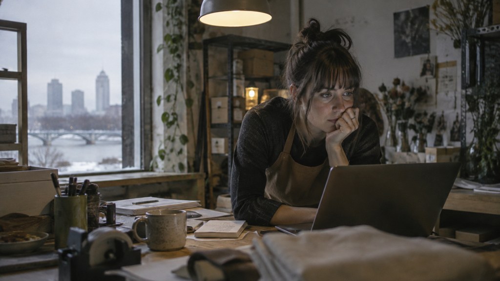 A small-business owner in an apron leaning over a laptop on a cluttered back-office desk late in the day, photographed in Minneapolis