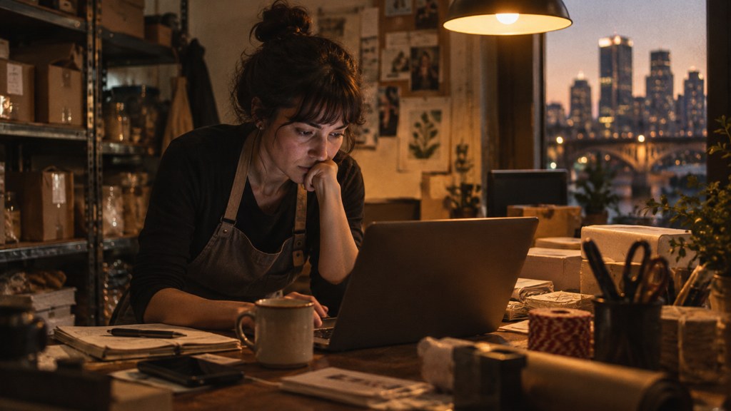 A small-business owner in an apron leaning over a laptop on a cluttered back-office desk late in the day, photographed in Minneapolis