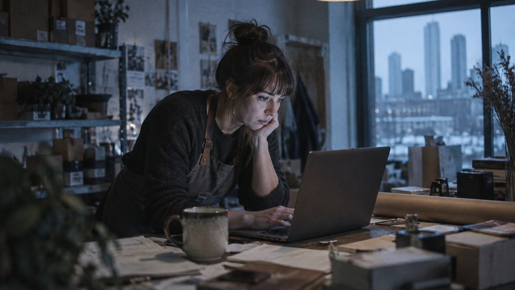 A small-business owner in an apron leaning over a laptop on a cluttered back-office desk late in the day, photographed in Minneapolis