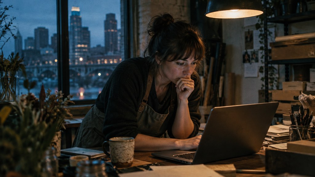 A small-business owner in an apron leaning over a laptop on a cluttered back-office desk late in the day, photographed in Minneapolis