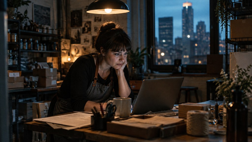 A small-business owner in an apron leaning over a laptop on a cluttered back-office desk late in the day, photographed in Minneapolis