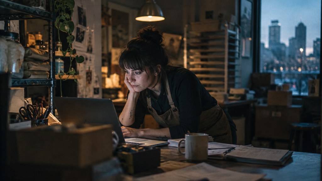 A small-business owner in an apron leaning over a laptop on a cluttered back-office desk late in the day, photographed in Minneapolis