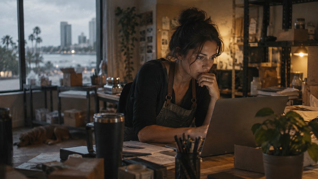 A small-business owner in an apron leaning over a laptop on a cluttered back-office desk late in the day, photographed in Tampa