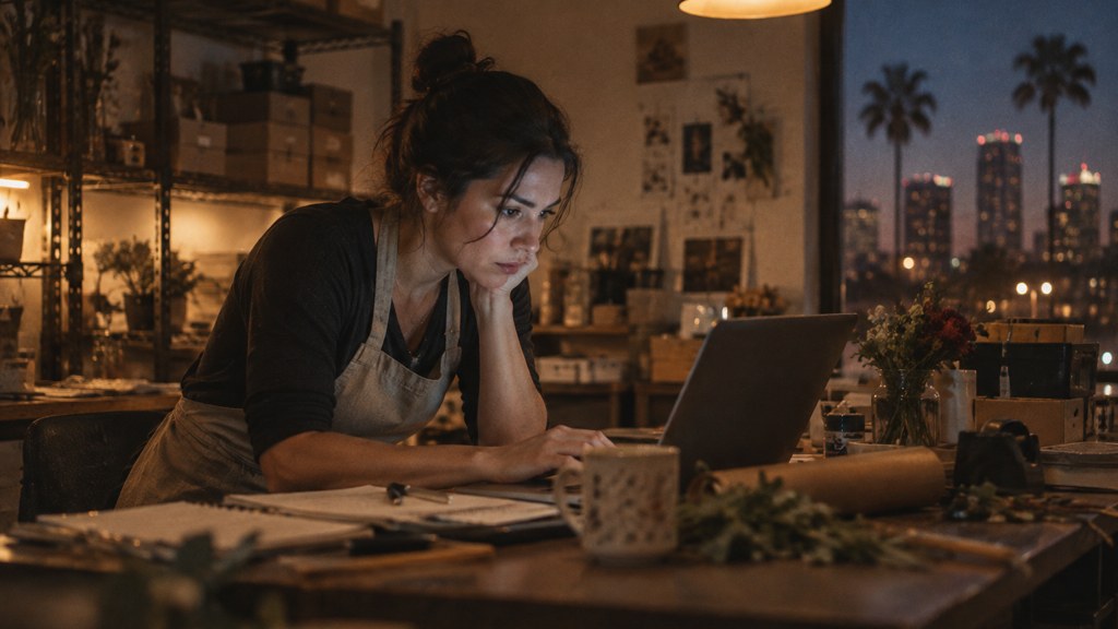 A small-business owner in an apron leaning over a laptop on a cluttered back-office desk late in the day, photographed in Tampa