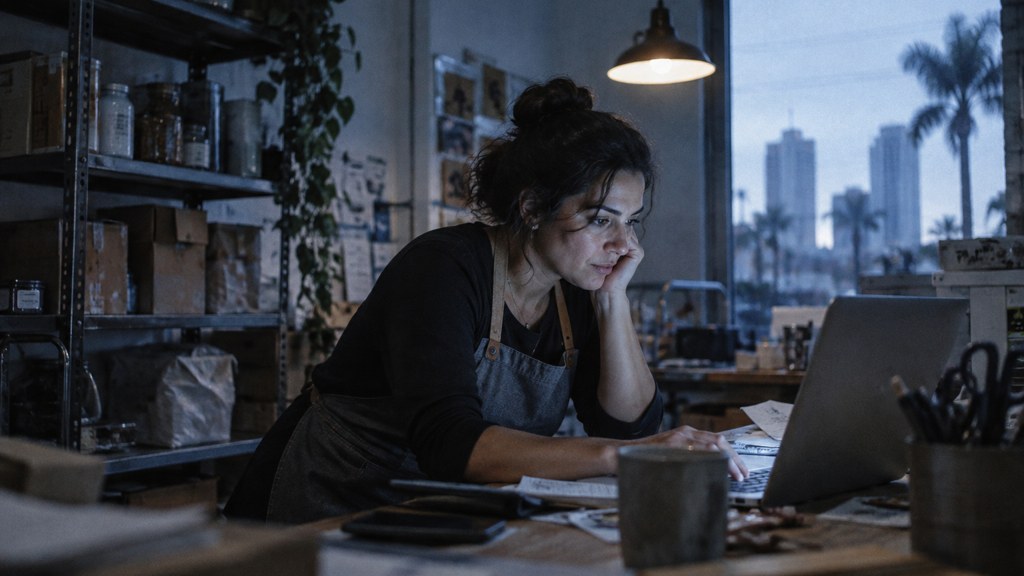 A small-business owner in an apron leaning over a laptop on a cluttered back-office desk late in the day, photographed in Tampa