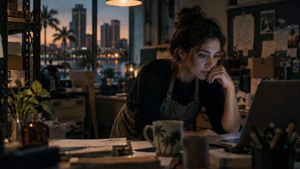 A small-business owner in an apron leaning over a laptop on a cluttered back-office desk late in the day, photographed in Tampa